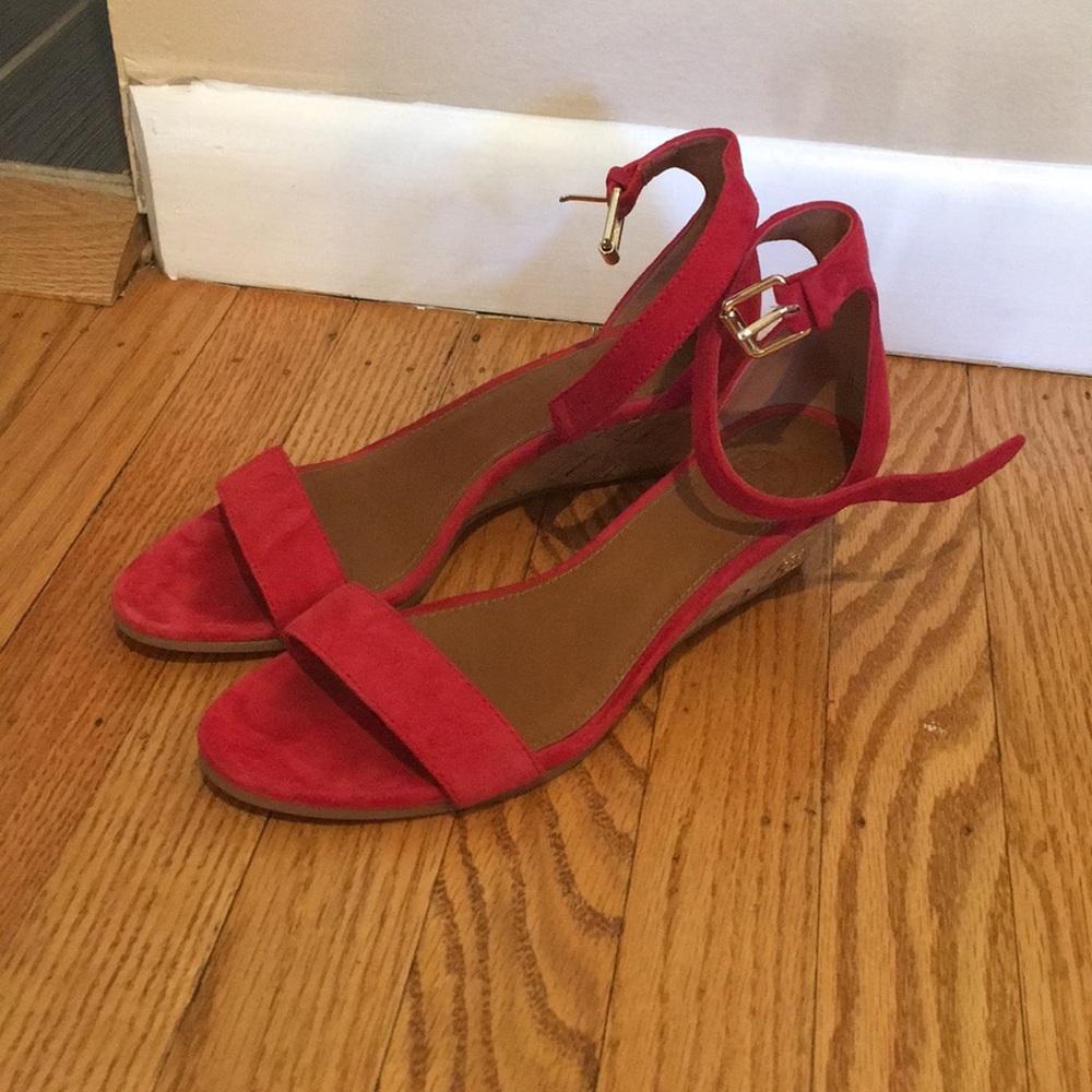 Red Tory Burch flat open toe strap sandal